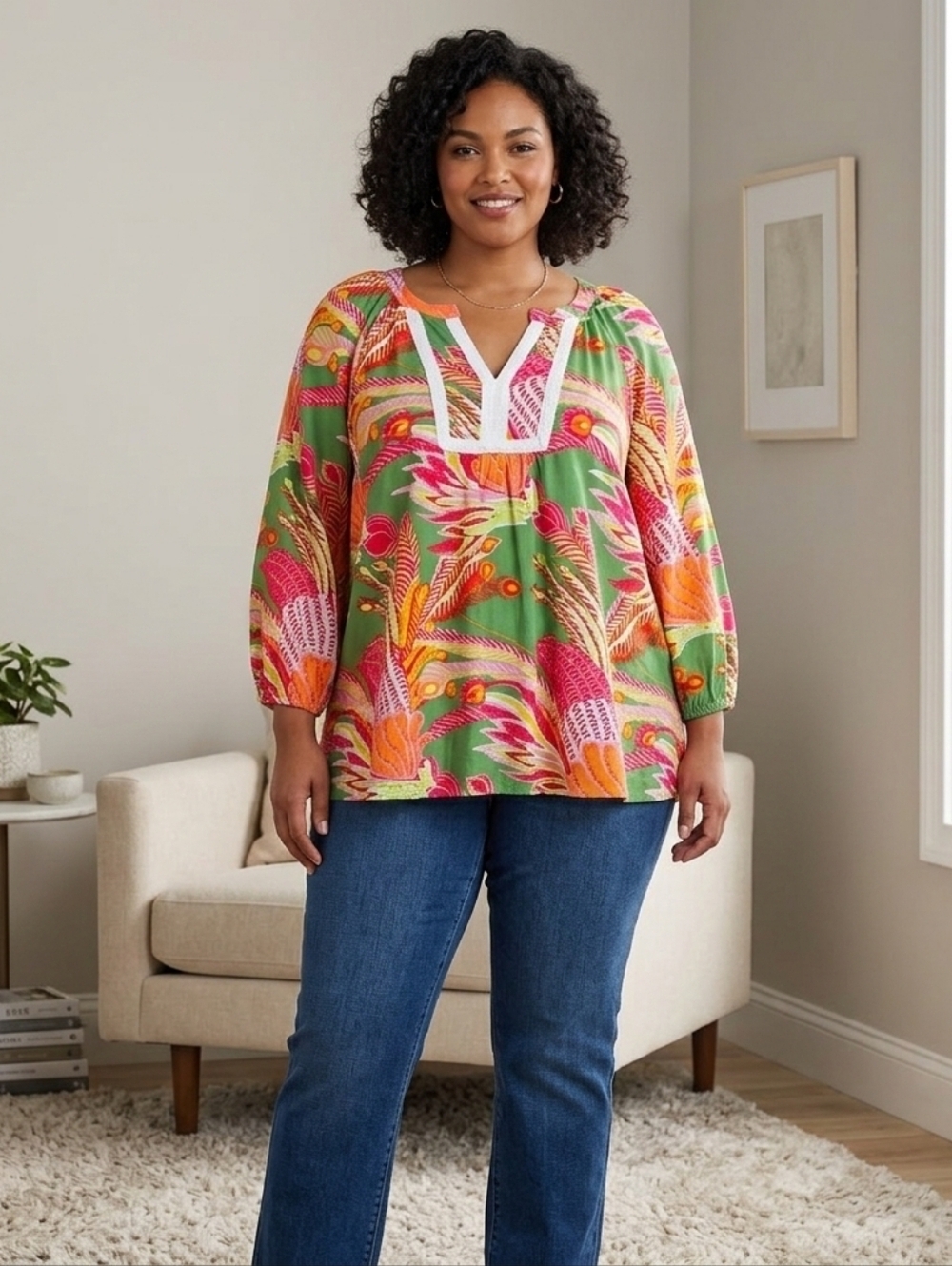 Crown & Ivy Peasant Flowy Multi-colored Floral Top. Lge. Pullover. Bell Sleeves.